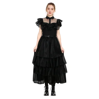 Платье для косплея Wednesday Addams, черные кружевные платья в стиле Лолиты с коротким рукавом, наряды на Хэллоуин для взрослых женщин Изображение