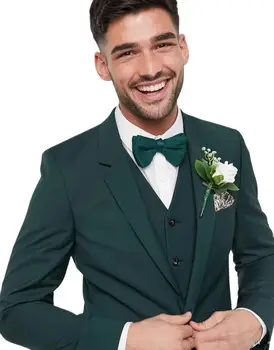 Классический красивый Зеленый приталенный смокинг для жениха, костюм шафера из 3 предметов, Мужское свадебное платье на двух пуговицах (куртка + брюки + жилет), приталенный комплект Изображение