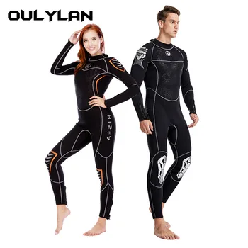 OULYAN 3 мм гидрокостюм из неопрена, черный для мужчин, женщин, водолазный костюм с длинным рукавом, цельный парный гидрокостюм для серфинга, подводного плавания Изображение