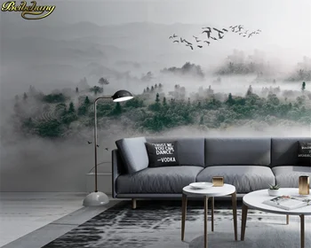 beibehang 3d обои фреска минималистичный скандинавский стиль летящая птица туман сосновый лес облако ТВ фон стены papel de pared Изображение