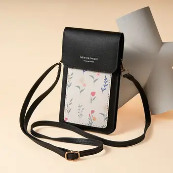 Квадратная сумка из искусственной кожи, Большая вместительная сумка для мобильного телефона с сенсорным экраном, Свежая цветочная сумка на плечо, Женская сумочка, держатель для карт Изображение