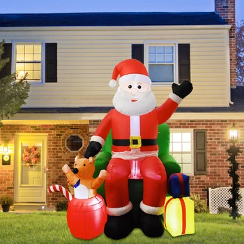 Большие рождественские надувные игрушки Санта-Клаус, сидящий на диване с подарками в виде медведя, светодиодные фонари, украшение для Новогодней вечеринки на открытом воздухе Изображение