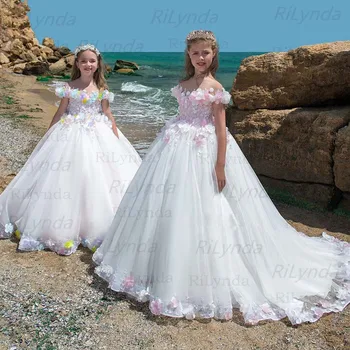 Пышные платья с цветочным узором для девочек, платье принцессы с открытыми плечами, Фатиновое пышное платье для Первого причастия, Милое детское платье Изображение