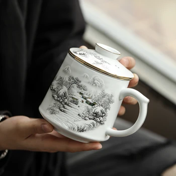 Высококачественные эмалированные керамические личные чайные чашки, бытовая кружка, чашки с крышкой, золотой офисный фильтр, пузырьковые чашки. Изображение