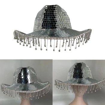 Сверкающая ковбойская шляпа с зеркальными кисточками ручной работы для девичника, бала, Ковбойская шляпа, шляпа для актера, актрисы Изображение