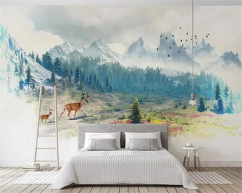 Изготовленные на заказ 3D обои Природный пейзаж лес снежная гора лось фон гостиной настенные обои фреска из папье-маше Изображение
