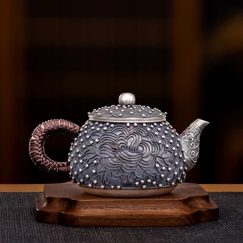 Пинч шелковый Серебряный чайник с пузырьками из бисера, Одиночный чайник, Серебряный чайник, чайный набор кунг-фу, чайная церемония, домашнее заваривание чая, серебряный чайник 999 пробы Изображение