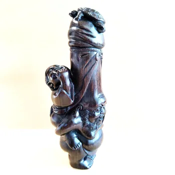 Y8626 - 12x4x3 см Ручная резьба по нэцкэ из черного железного дерева: Мужчина, мальчик, черепаха Изображение