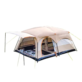 Большие палатки для кемпинга на открытом воздухе на 8-12 человек, двухслойные, 2 комнаты, 1 гостиная, роскошная водонепроницаемая палатка для кемпинга Изображение