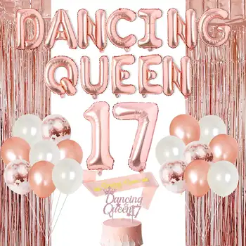 Розовое Золото Танцующая Королева 17th Birthday Party Украшение для Девочки с Танцующей Королевой 17 Воздушных Шаров Баннер Из Фольги Розового Золота Занавес Изображение