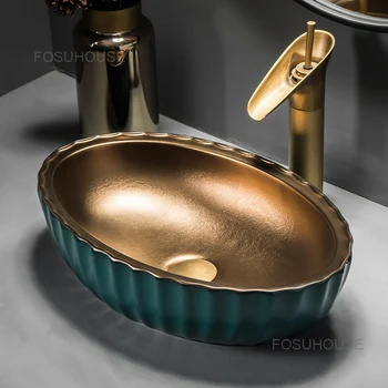 Раковины для ванной комнаты в Скандинавском стиле с зеленым золотом, Высококачественные Раковины для ванной комнаты в отеле, Раковины для мытья дома, Домашняя роскошная раковина для ванной комнаты Изображение