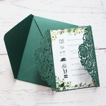 Темно-зеленый Конверт с Приглашением на свадьбу, Роза, вырезанная лазером открытка, элегантные бумажные украшения для вечеринки, 50 комплектов Изображение