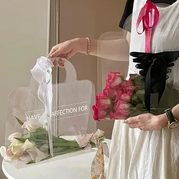 Креативная переносная коробка для цветов из ПВХ, панорамный букет, Цветочное искусство, коробки для цветочных композиций своими руками, Высокая Прозрачная Водонепроницаемая сумочка Изображение