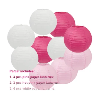 4 штуки белых + 3 штуки розовых + 3 штуки ярко-розовых круглых бумажных фонариков для свадебной вечеринки для маленьких девочек Изображение