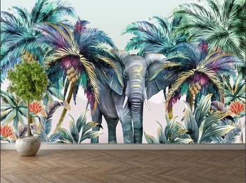 Обои на заказ с ручной росписью лесные животные тропические растения слон кокосовая пальма фотообои украшение комнаты фреска Изображение