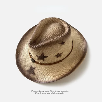 Ковбойская шляпа в стиле вестерн 2023y2k, солнцезащитная соломенная шляпа, мужская и женская летняя шляпа с зонтиком на море Изображение