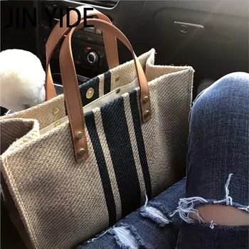 Новая простая модная женская сумка большой емкости, Винтажная полосатая сумка-тоут для женщин, Портативный деловой портфель Ol в корейском стиле Изображение