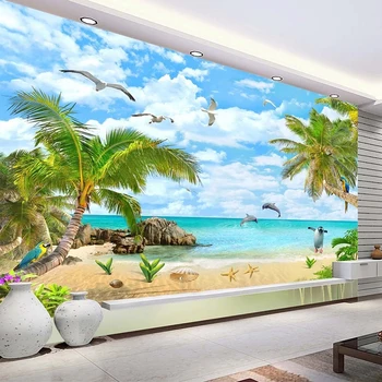 Морской пейзаж, Кокосовая пальма, Песчаный пляж, 3D фотообои для гостиной, Декор спальни, водонепроницаемая самоклеящаяся наклейка, настенная роспись Изображение