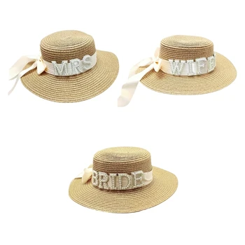 Женская соломенная шляпа невесты, Солнцезащитная шляпа, Дышащая шляпа с буквенным жемчугом для свадебной вечеринки, Летняя шляпка для девичника Изображение