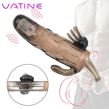 Двойной вибратор VATINE, рукав для пениса, удлинитель для пениса, секс-игрушки с задержкой эякуляции, мужской многоразовый презерватив для увеличения члена Изображение