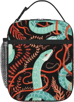 Женская изолированная сумка для ланча со змеиным и цветочным принтом, многоразовые сумки-тоут для ланча, Переносная сумка-ланч-бокс для работы Изображение
