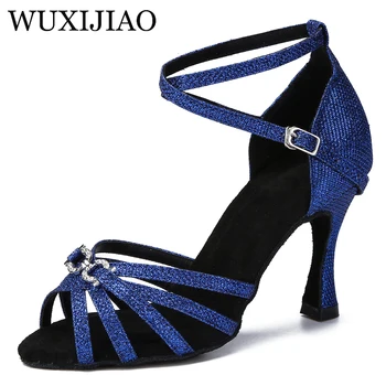WUXIJIAO/ Новые синие туфли для латиноамериканских танцев, женские туфли для танцев на мягкой подошве, вечерние представления в помещении, туфли для бальных танцев Изображение