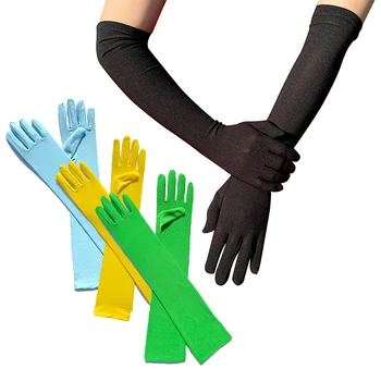 Ретро Стрейчевые Длинные Перчатки Классические Взрослые Черные Белые Красные Стрейчевые Атласные Перчатки с длинными пальцами до локтя, женские перчатки для костюмов для выпускного вечера Изображение