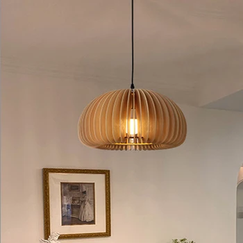 Скандинавские деревянные подвесные светильники в форме тыквы для дома, гостиной, столовой, современная подвесная деревянная люстра, светильники Изображение