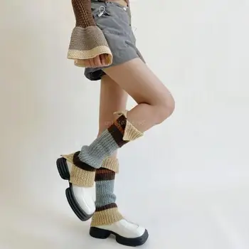 Женские гетры для студенток колледжа, носки до икр на пуговицах сбоку, трикотажные чехлы для ног в полоску контрастного цвета для школьниц Изображение