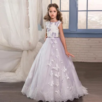 Платья в цветочек для девочек с бантом, расшитым бисером и аппликацией в виде кристаллов, Бальное платье для Первого Причастия для девочек, Индивидуальное платье Vestidos Longo Изображение