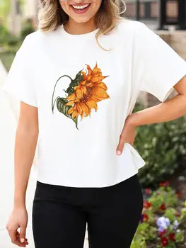 Подсолнух, акварель, тренд 90-х, одежда, модная женская летняя футболка с мультяшным принтом, Женская повседневная футболка с графическим рисунком, футболка Изображение
