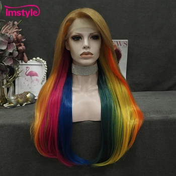 Парик Шнурка Imstyle с мишурой, радужный синтетический парик фронта Шнурка, Длинные прямые волосы, разноцветные парики для женщин, красочный парик для вечеринки Изображение