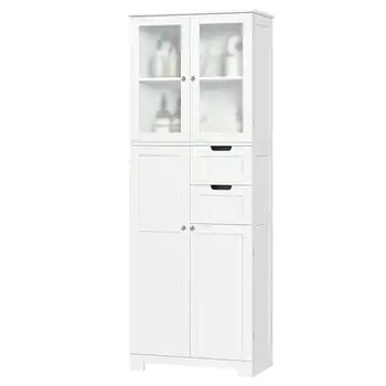 Шкаф для хранения, 4 двери, деревянный высокий шкаф с 2 выдвижными ящиками для ванной комнаты, белый Изображение