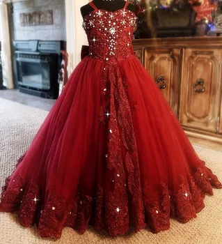 Красное платье с цветочным узором для девочек, спагетти, аппликация из страз, свадебная вечеринка, тюлевое бальное платье без рукавов, платья принцессы длиной до пола, Детские платья Изображение