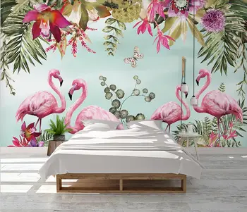 Пользовательские обои фреска papel de parede лист Цветочный Фламинго Фон настенное украшение 3d обои Фреска Гостиная Спальня Изображение