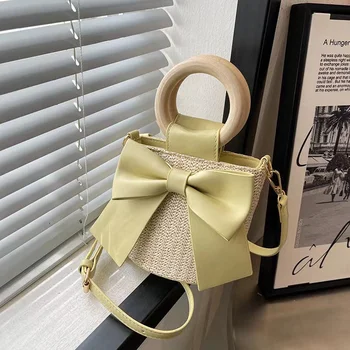 Дизайн с галстуком-бабочкой Мини-Соломенное ведро, сумка через плечо для женщин, Летняя Сумка-тоут с деревянной ручкой, сумки и кошельки, Повседневная Пляжная сумка через плечо Изображение