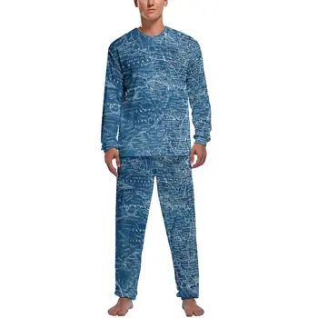 Пижама с синим принтом на карте США Для Мужчин, комплект пижам Kawaii с длинным рукавом, 2 предмета, домашняя повседневная одежда для сна с графическим Рисунком, подарок Изображение