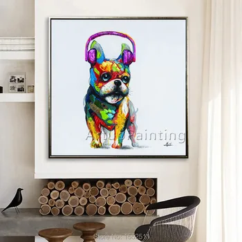 Ношение наушников, милая собачка, поп-арт, современная абстрактная картина маслом canva, украшение гостиной, художественные работы3 Изображение