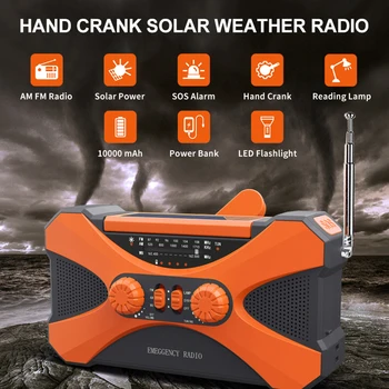 Портативное Солнечное Ручное радио Аварийное радио AM/FM/NOAA Наружный светодиодный фонарик SOS Сигнализация Блок питания Динамик Погодное радио Изображение