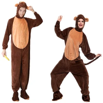 Хэллоуин Для мужчин и Женщин, соответствующий Пижамный костюм, животное, коричневая Обезьяна, Косплей, Забавный Карнавальный комбинезон, костюм для взрослых Изображение