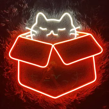 Неоновая Вывеска Cat Box, Funny Cat LED Neon, Неоновая Вывеска Cartoon Cat, Неоновая вывеска Funny Cat, Неоновая Вывеска Box Cat, Светодиодная подсветка Cat Club Изображение