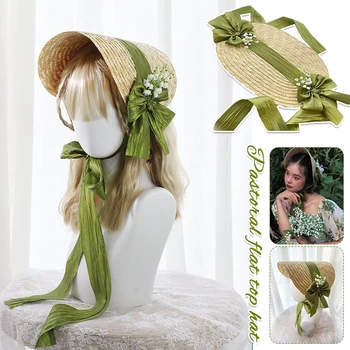 Женская зеленая лента ручной работы, Викторианская свадебная шляпка для чаепития, шляпа в стиле Лолиты, Винтажные цветы, Пляжные соломенные плетеные шляпы Изображение