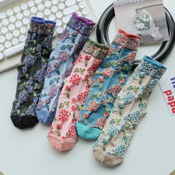 5 Пар Уличной одежды, Зимние Хлопчатобумажные носки, Женская мода Harajuku, Высококачественные Носки Kawaii С Цветочным принтом, Корейский Стиль, Длинные Носки Sokken Изображение