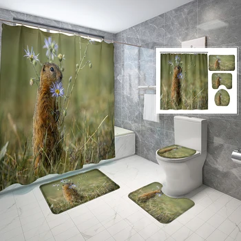 4 Комплекта Занавесок для душа Marmot с Нескользящим ковриком для ванной, крышкой для унитаза и Милыми луговыми цветами Дикой природы, Занавеска для душа Изображение