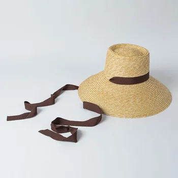 202302-hh5232B прямая поставка, летняя праздничная модная пляжная лента с широкими полями из натуральной соломы, женская кепка-ведро, женская рыбацкая шляпа Изображение