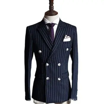 Двубортный мужской Блейзер в темно-синюю полоску, Пиджак в деловом стиле, Костюмы, Официальная одежда, Свадебные мужские костюмы 2023, Цельный Изображение