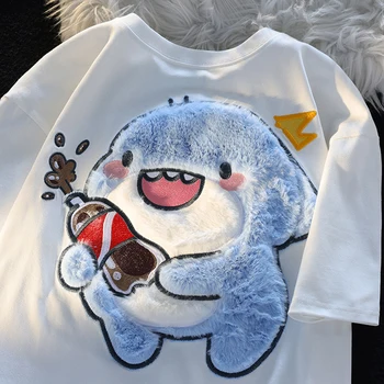 Новая хлопковая одежда для пары с плюшевой акулой, Свободная футболка с коротким рукавом, летняя футболка для мужчин и женщин, топы Y2k Изображение