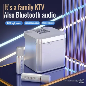 Портативная Bluetooth-Акустическая Система мощностью 100 Вт с Двойным Микрофоном, Караоке-машина для Взрослых и Детей, Беспроводной Семейный Аудиоприемник KTV Изображение