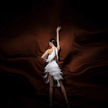 Платье для латиноамериканских танцев с V-образным вырезом, многослойная кисточка на шее, платье для репетиций Ча-Ча-Ча Танго, профессиональная одежда для сцены Изображение