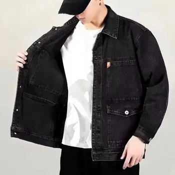 Модная мужская осенняя куртка с карманом и отложным воротником, мужская осенняя джинсовая куртка в стиле хип-хоп, кардиган, осенняя куртка для повседневной носки Изображение